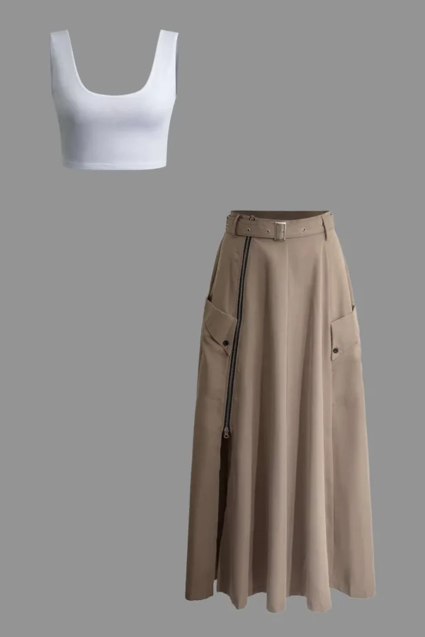 Solid Crop Tank Top And Zipper Pocket Pleated Skirt Set>MICAS Hot