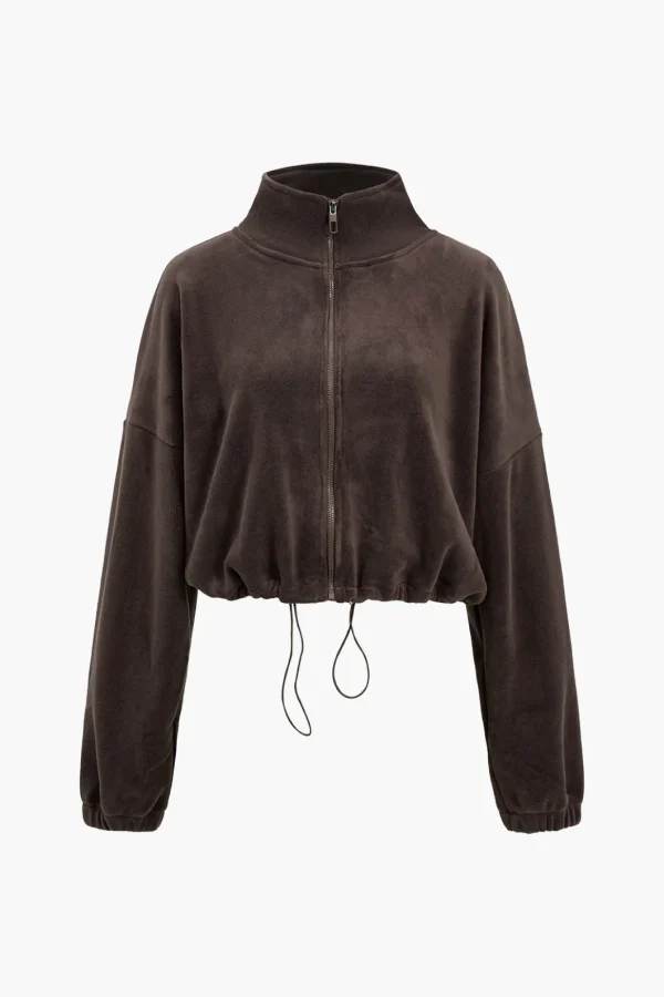 Solid Drawstring Mock Neck Zipper Jacket>MICAS New