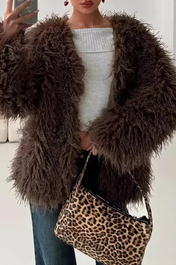 Solid Faux Fur Fringe Coat>MICAS Clearance