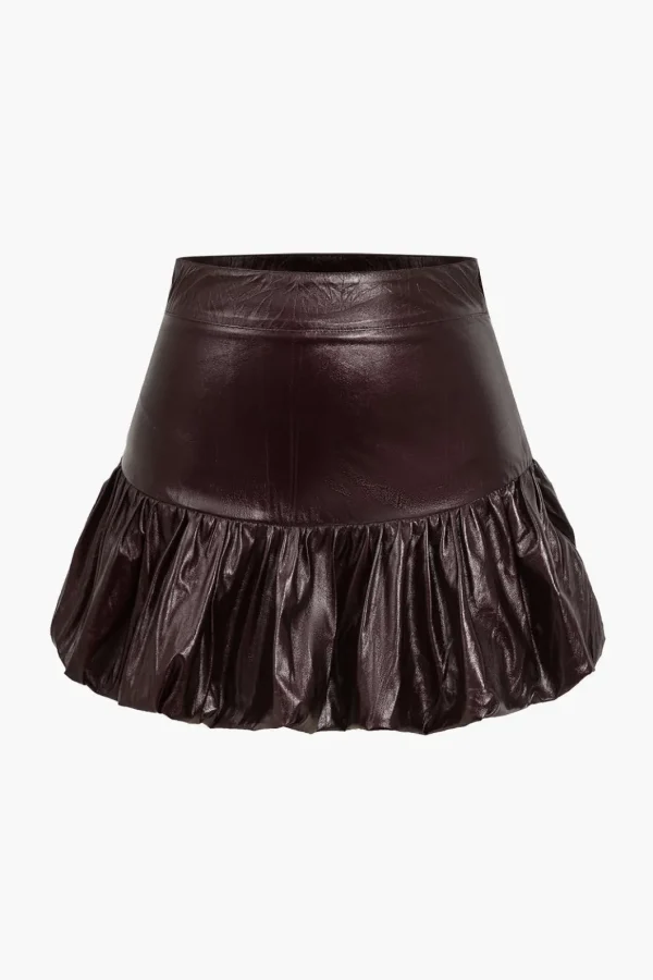 Solid Faux Leather Ruched Skirt>MICAS Clearance