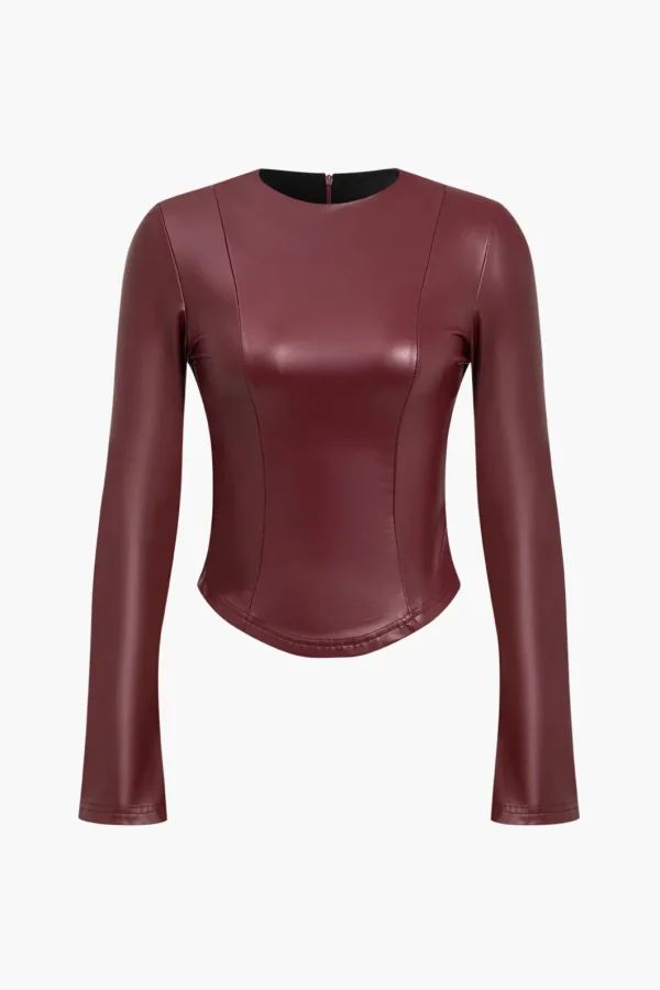 Solid Faux Leather Zipper Detail Long-Sleeve Shirt>MICAS Online
