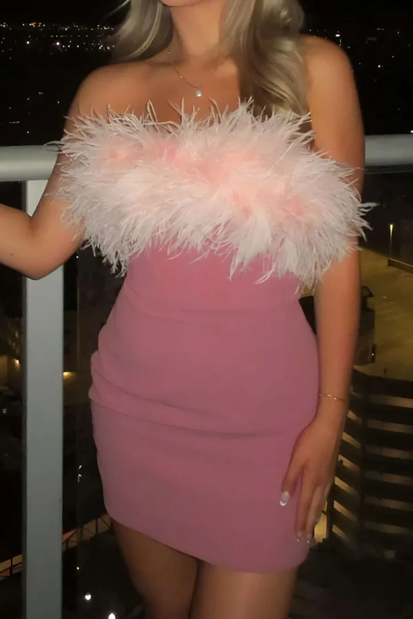 Solid Feather Strapless Mini Dress>MICAS Hot