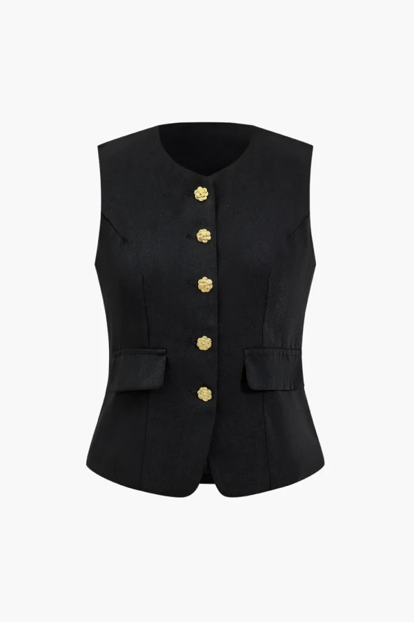 Solid Floral Button Vest>MICAS Outlet