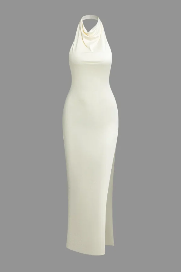 Solid Halter Backless Slit Sleeveless Maxi Dress>MICAS Online