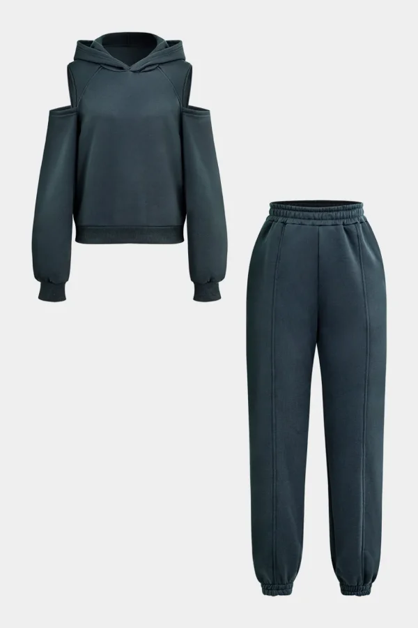 Solid Hooded Cut Out Sweatshirt And Elastic Pants Set>MICAS Online