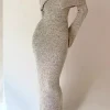 Solid Knit Bell Sleeves Off Shoulder Maxi Dress>MICAS New