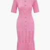 Solid Knit Button Round Neck Short Sleeve Dress>MICAS Clearance