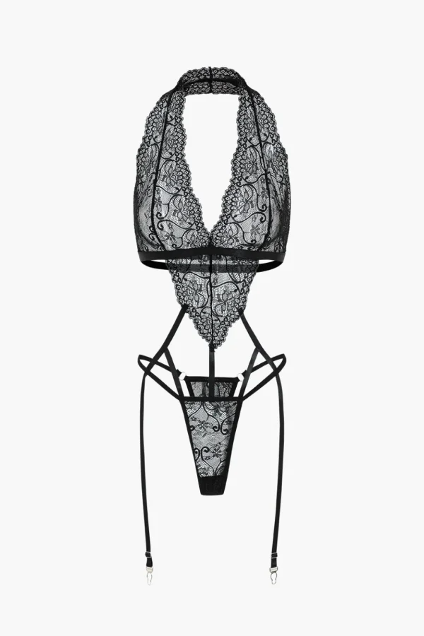 Solid Lace Cut Out Lingerie Garter Set>MICAS Online