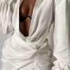 Solid Long Sleeve Deep V Mini Dress>MICAS Best