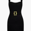 Solid Metallic Buckle Belted Mini Dress>MICAS New