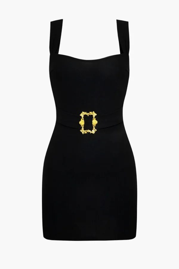 Solid Metallic Buckle Belted Mini Dress>MICAS New