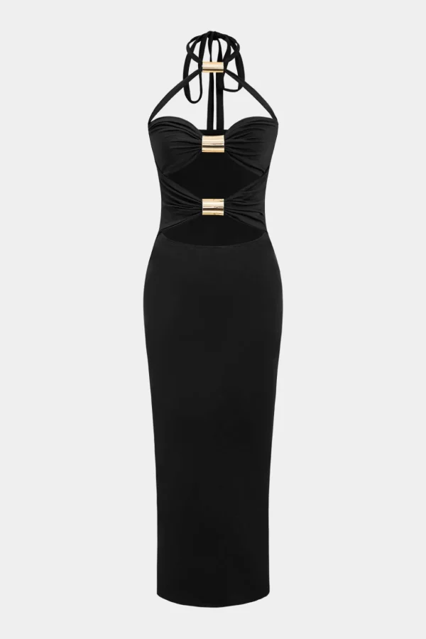 Solid Metallic Cut Out Halter Tie Back Maxi Dress>MICAS Discount