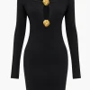 Solid Off Shoulder Button Round Neck Cut Out Mini Dress>MICAS Outlet