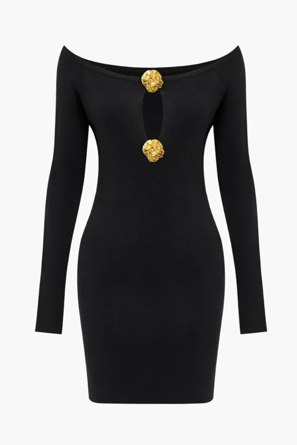 Solid Off Shoulder Button Round Neck Cut Out Mini Dress>MICAS Outlet
