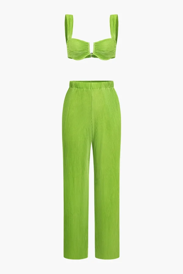 Solid Pleated Crop Bustier Top And Trousers Set>MICAS Outlet