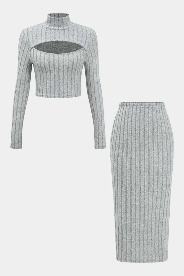 Solid Ribbed Long Sleeve Cut Out Top And Skirt Set>MICAS New