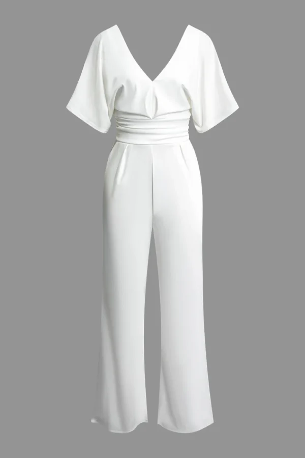 Solid Ruched Deep V Jumpsuit>MICAS New