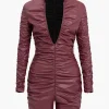 Solid Ruched High Elastic Leather Romper>MICAS Best