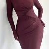 Solid Ruched Long-Sleeve Maxi Dress>MICAS Online