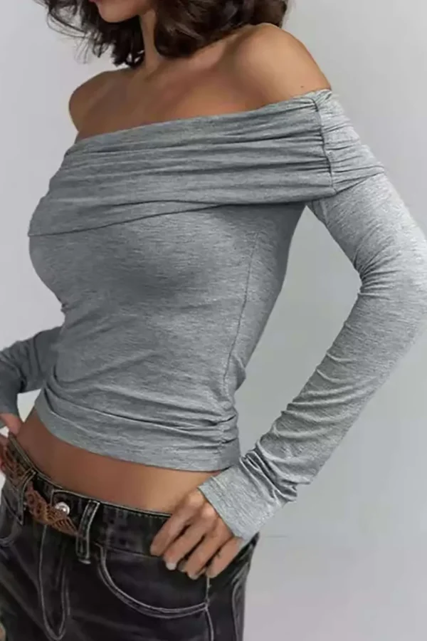Solid Ruched Off Shoulder Long-Sleeve Top>MICAS Hot