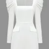 Solid Ruched Square Neck Mini Dress>MICAS New