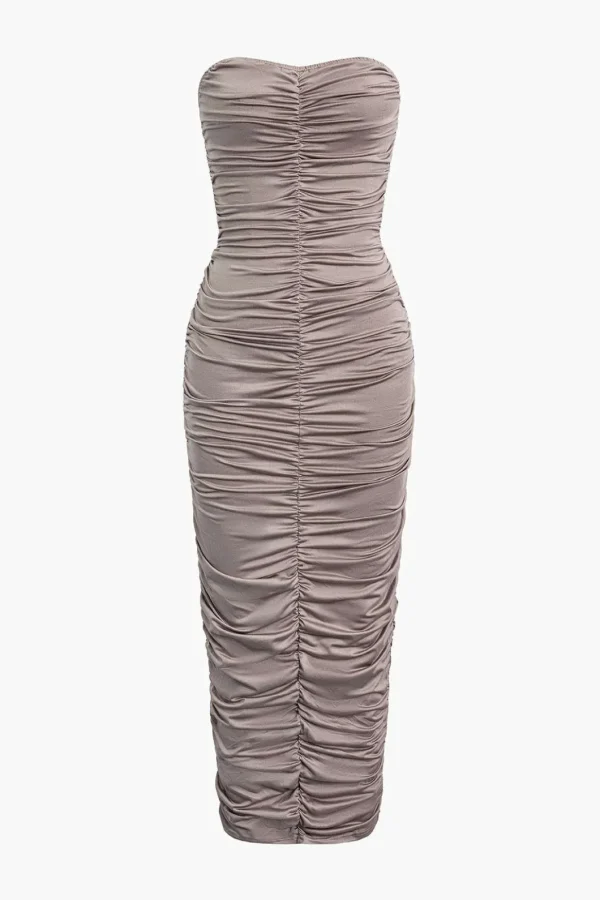 Solid Ruched Strapless Midi Dress>MICAS Clearance