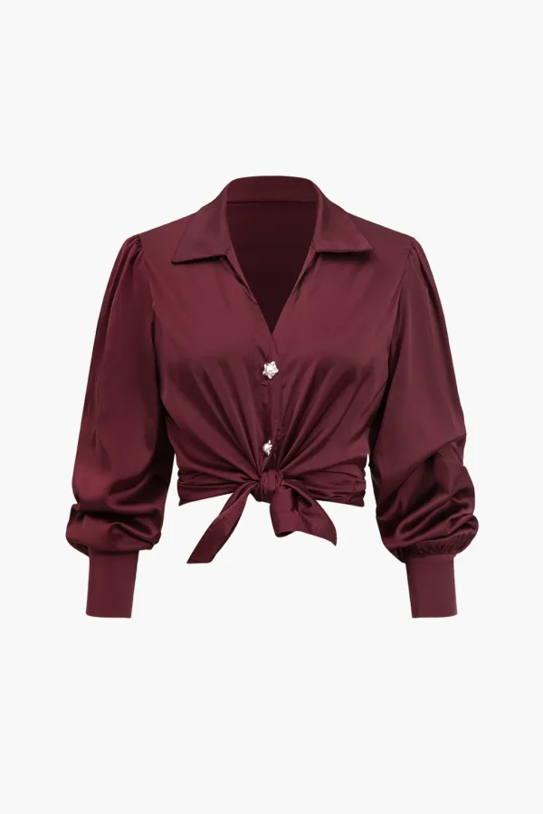 Solid Satin Button Long-Sleeve Shirt>MICAS New