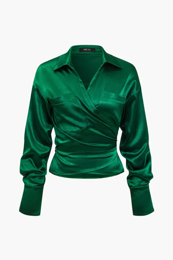 Solid Satin Button Tie-Up Long-Sleeve Shirt>MICAS Online