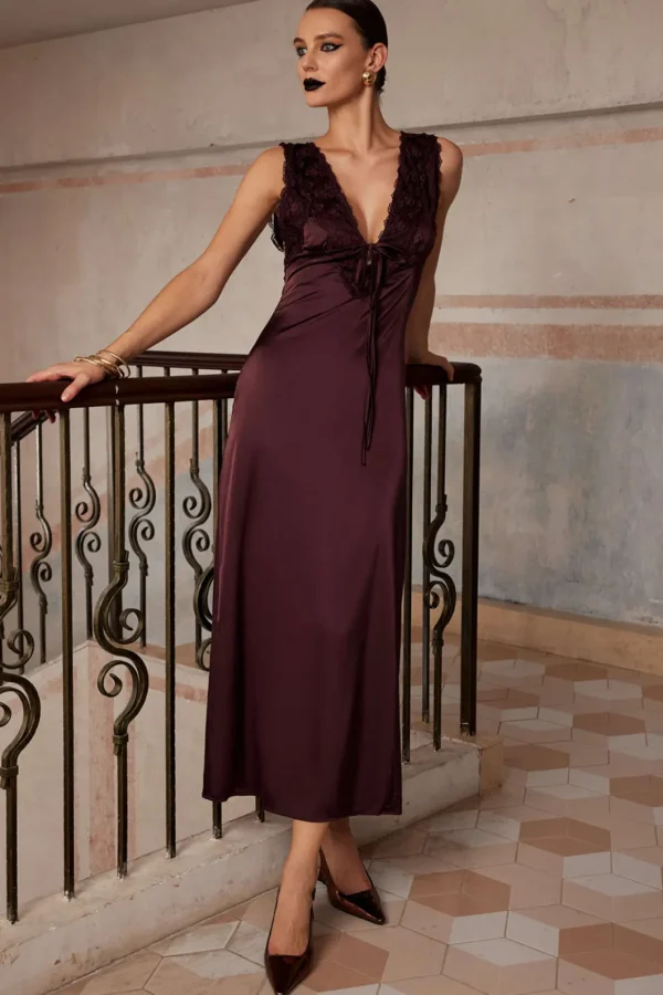 Solid Satin Lace Trim Tie-Up Maxi Dress>MICAS Online