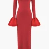 Solid Satin Off Shoulder Slit Maxi Dress>MICAS Clearance