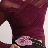Solid Sheer Mesh Ruched Long-Sleeve Top>MICAS Hot