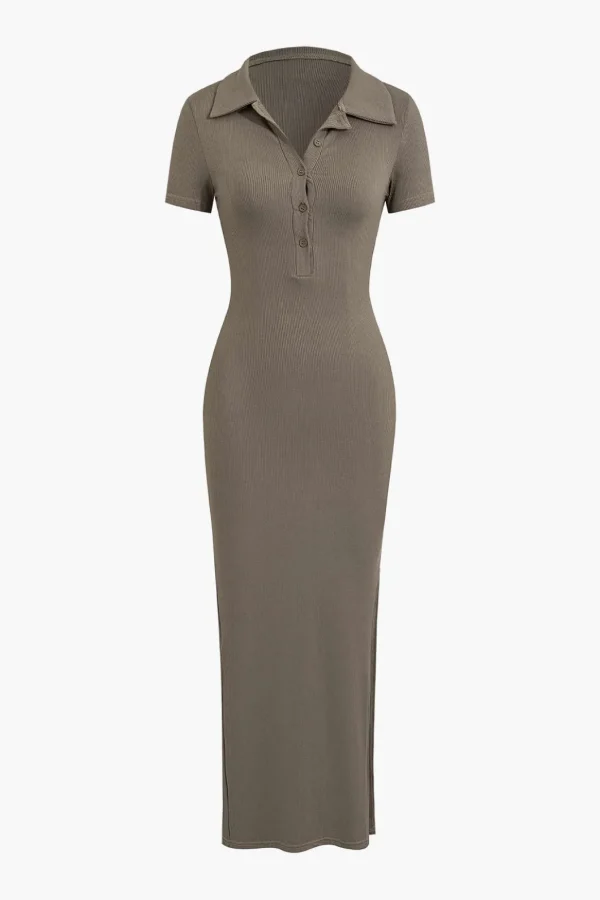Solid Slit Collar Midi Dress>MICAS Fashion