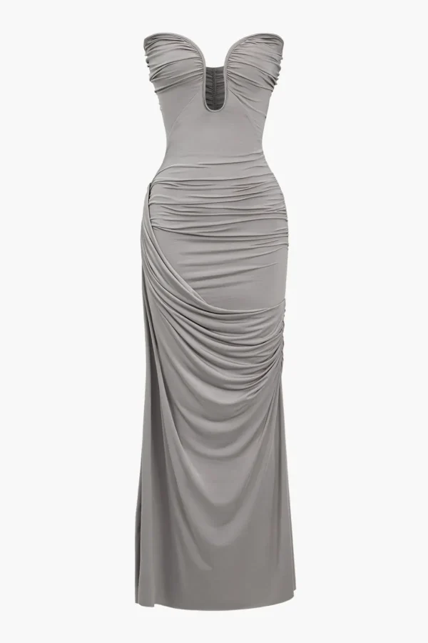 Solid Strapless Ruched Maxi Dress>MICAS Discount
