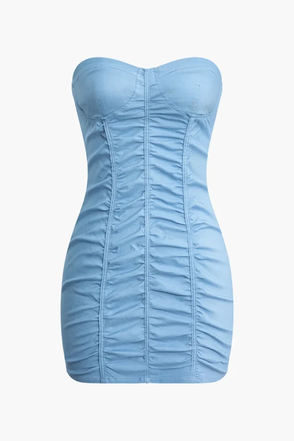 Solid Strapless Ruched Mini Dress>MICAS Fashion