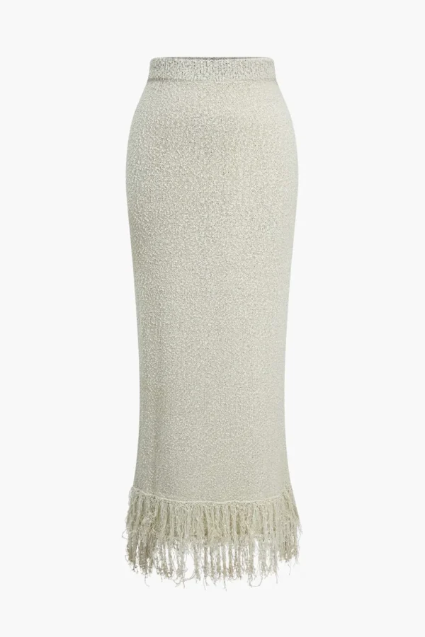 Solid Sweater Fringe Maxi Skirt>MICAS Best