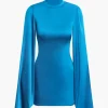 Solid Turtleneck Bell Sleeve Ruched Mini Dress>MICAS Fashion