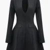 Solid V-neck Fake Pockets And Zipper Mini Dress>MICAS Sale