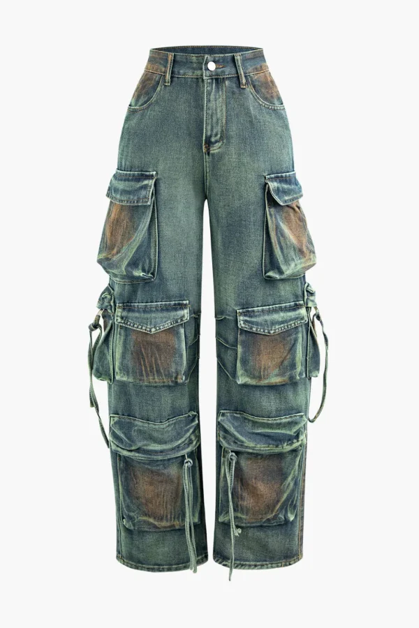 Stained Multi Flap Pocket Straight Leg Cargo Jeans>MICAS Sale