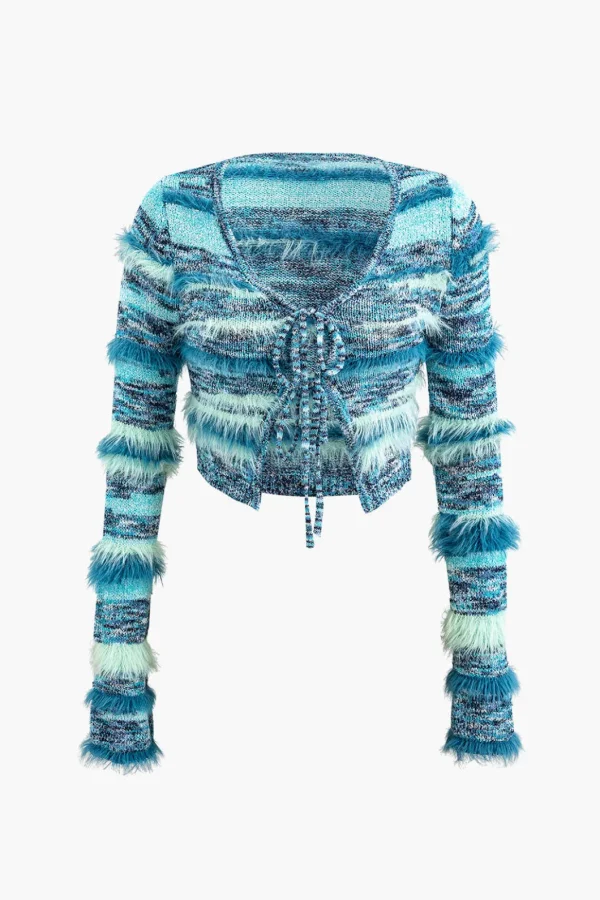 Stripe Feather Detail Tie Front Long Sleeve Knit Cardigan>MICAS Hot
