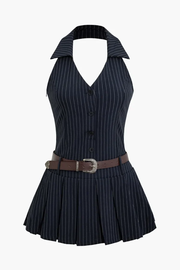 Stripe Print Pleated Belted Mini Dress>MICAS Clearance