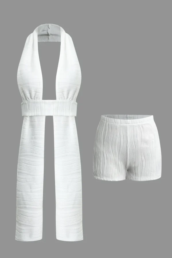 Textured Backless Halter V-Neck Shorts Set>MICAS Fashion