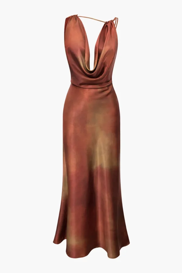 Tie Dye Asymmetric Cowl Neck Satin Maxi Dress>MICAS Sale