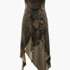 Tie Dye Asymmetric Ruffle Strapless Midi Dress>MICAS Best