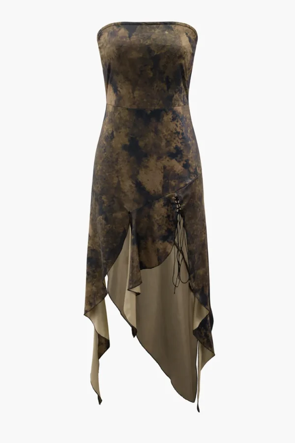 Tie Dye Asymmetric Ruffle Strapless Midi Dress>MICAS Best