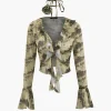 Tie Dye Flare Sleeve Tie Front Ruffle Top And Rose Choker>MICAS Fashion