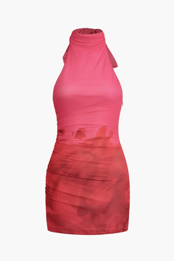 Tie Dye Halter Backless Ruched Mini Dress>MICAS Fashion