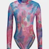 Tie Dye Print Mesh Long Sleeve Sheer Bodysuit>MICAS Outlet