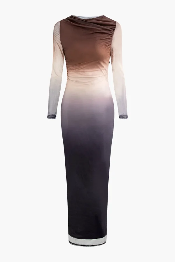 Tie Dye Ruched Mesh Long Sleeve Maxi Dress>MICAS Fashion