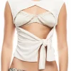 Tie Front Cut Out Ruched Round Neck Tank Top>MICAS Clearance