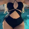 Tummy Control Solid Halter Tie Cut Out One-piece Swimsuit>MICAS Clearance